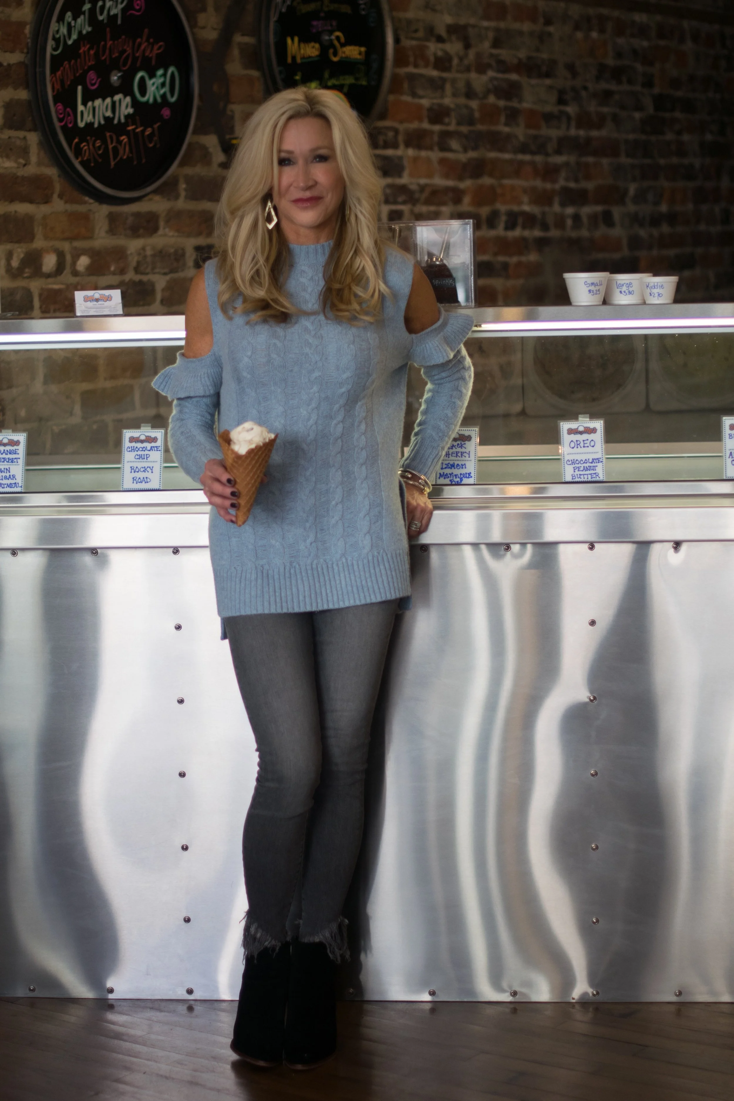 Cold Shoulder Sweater and Smitty s Ice Cream Crazy Blonde Life